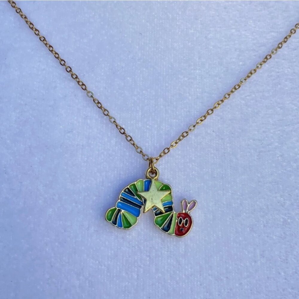Handmade Very Hungry Caterpillar 18K GOLD STAINLESS STEEL Necklace Teachers Gift